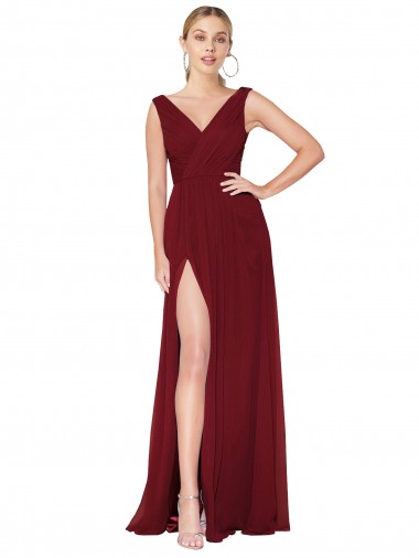 Draped Mermaid Long V-Neck Chiffon Bridesmaid Dress / Formal Prom Dress with High Slit Brisbane