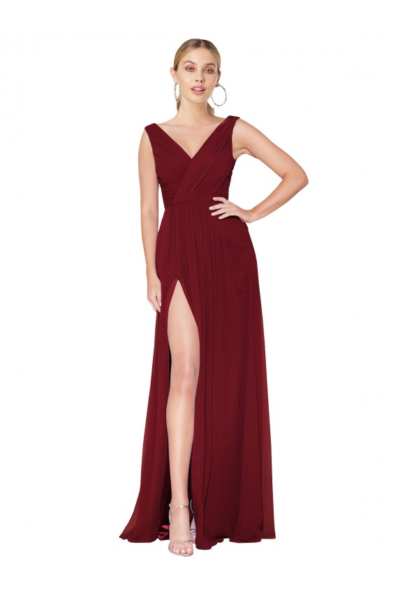 Draped Mermaid Long V-Neck Chiffon Bridesmaid Dress / Formal Prom Dress with High Slit Brisbane