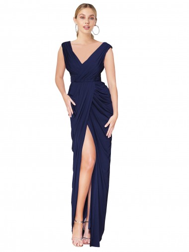 Draped V-Neck Long Chiffon Bridesmaid Dress / Formal Prom Dress with Front Slit Brisbane