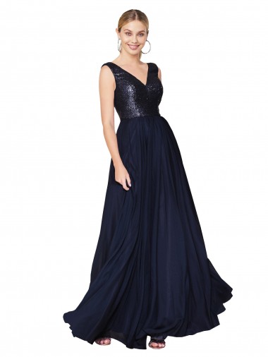 High Neck V-Neck Long Chiffon Bridesmaid Dress / Prom Dress with Sequin Top Brisbane
