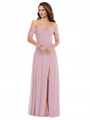 Off the Shoulder Draped Sleeve Maxi Bridesmaid Dress with Front Slit Brisbane