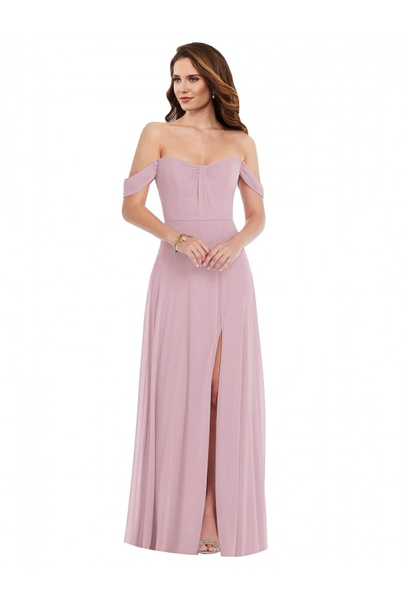 Off the Shoulder Draped Sleeve Maxi Bridesmaid Dress with Front Slit Brisbane
