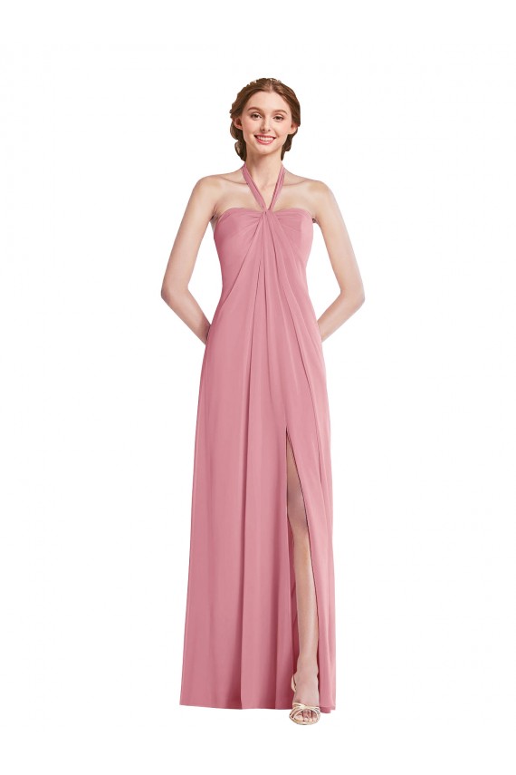 Draped Chiffon Grecian Column Bridesmaid Dress with Front Slit Brisbane