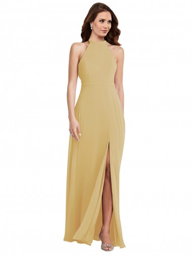 Stand Collar Halter Maxi Bridesmaid Dress with Criss Cross Open Back Brisbane