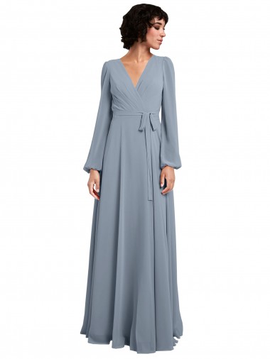 Wrap Style Long Sleeves Chiffon Bridesmaid Dress with Pleated Bodice Brisbane