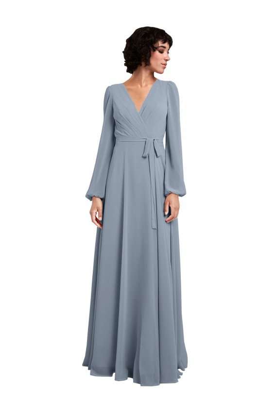 Wrap Style Long Sleeves Chiffon Bridesmaid Dress with Pleated Bodice Brisbane