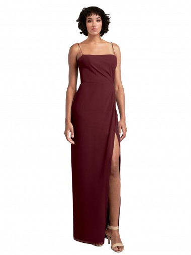 Sleek Straight Neckline Chiffon Bridesmaid Dress with Spaghetti Straps and High Side Slit Brisbane
