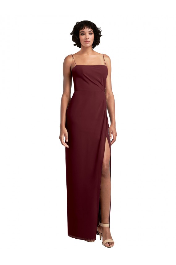 Sleek Straight Neckline Chiffon Bridesmaid Dress with Spaghetti Straps and High Side Slit Brisbane
