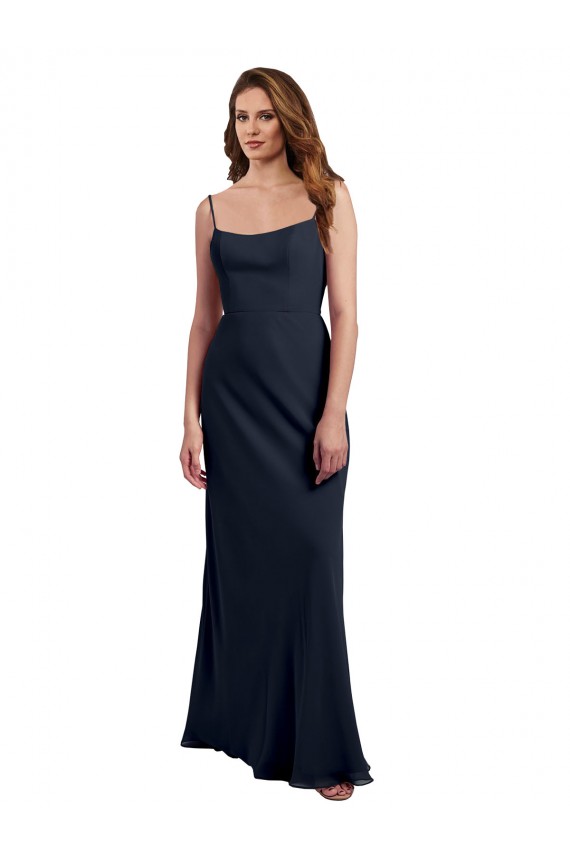 Scoop Neck Long Chiffon Open Back Bridesmaid Dress with Spaghetti Straps Brisbane