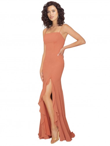 Chiffon Square Neck Bridesmaid Dress with Ruffled Skirt Slit Brisbane