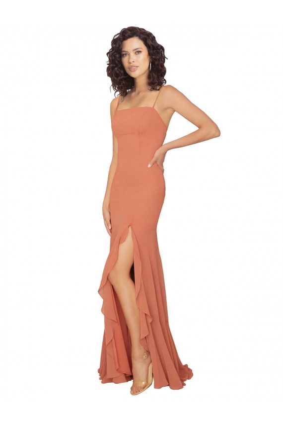 Chiffon Square Neck Bridesmaid Dress with Ruffled Skirt Slit Brisbane