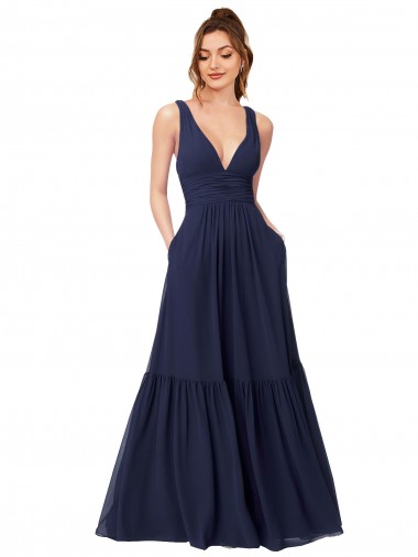 Floor Length Deep V-Neck Ruched Chiffon Long Bridesmaid Dress Brisbane