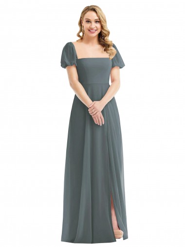 Puff Sleeves Chiffon Maxi Bridesmaid Dress with Front Slit Brisbane