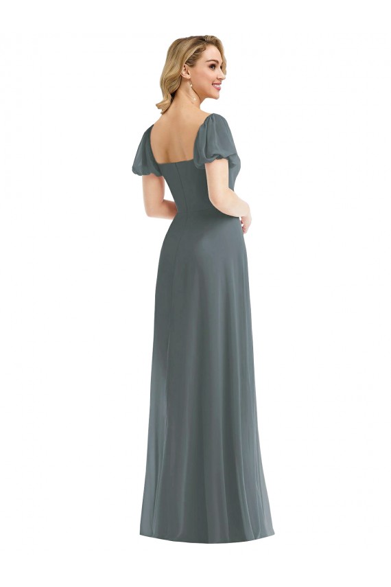 Puff Sleeves Chiffon Maxi Bridesmaid Dress with Front Slit Brisbane