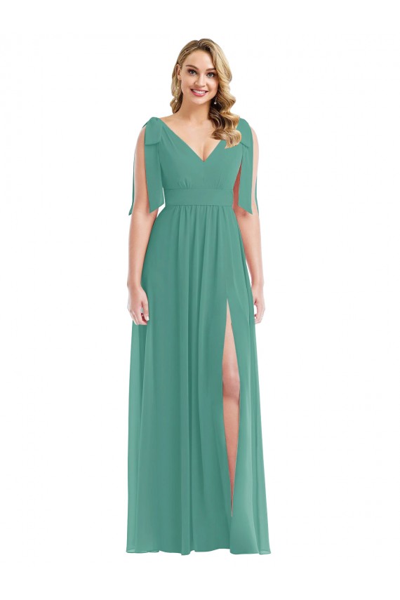 Plunge Neckline Bow Shoulder Chiffon Maxi Bridesmaid Dress Brisbane