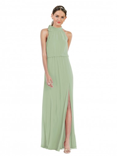 High Neck Scarf Tie Blouson Bodice Maxi Bridesmaid Dress with Front Slit Brisbane