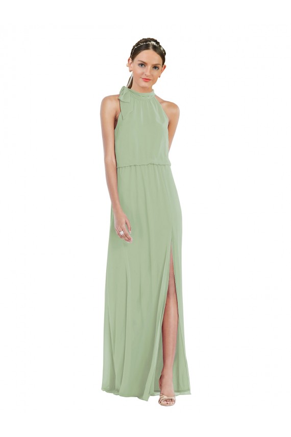 High Neck Scarf Tie Blouson Bodice Maxi Bridesmaid Dress with Front Slit Brisbane