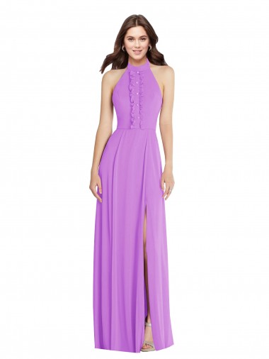 Halter Backless Maxi Formal Bridesmaid Dress with Button Ruffle Placket Brisbane