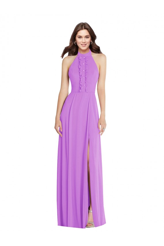 Halter Backless Maxi Formal Bridesmaid Dress with Button Ruffle Placket Brisbane