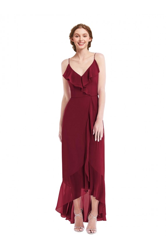 Ruffle Trimmed V-Neck High Low Wrap Chiffon Bridesmaid Dress Brisbane
