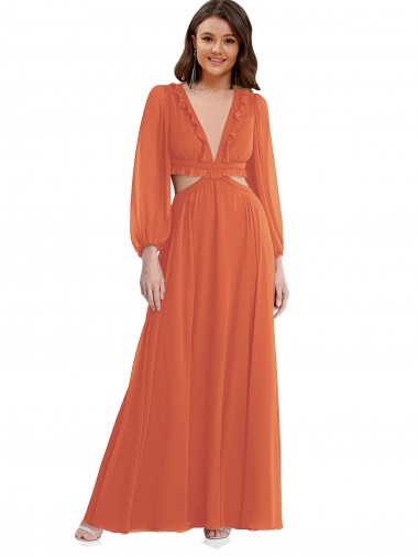 High Low Ruffled Long Chiffon Cutout Bishop Sleeves Maxi Bridesmaid Dress Brisbane