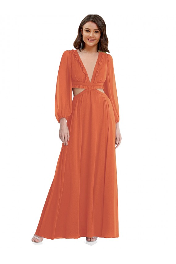 High Low Ruffled Long Chiffon Cutout Bishop Sleeves Maxi Bridesmaid Dress Brisbane