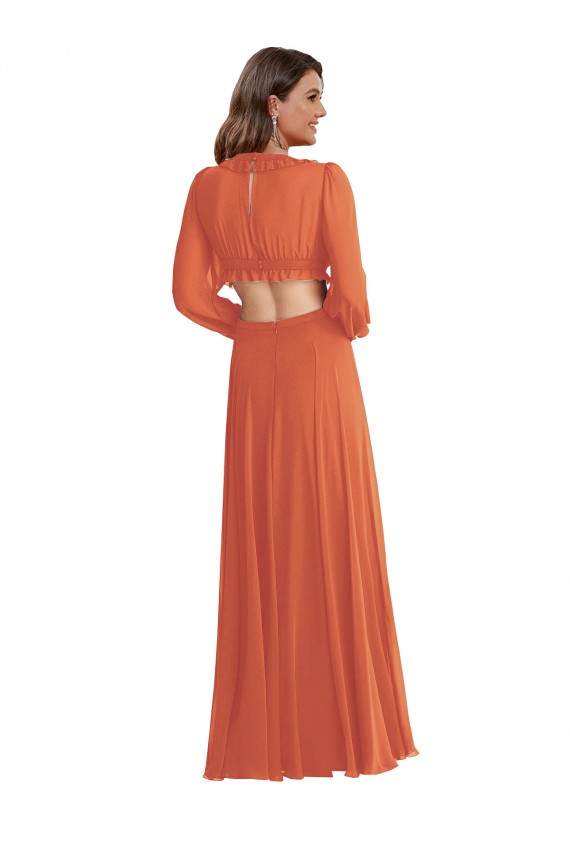 High Low Ruffled Long Chiffon Cutout Bishop Sleeves Maxi Bridesmaid Dress Brisbane