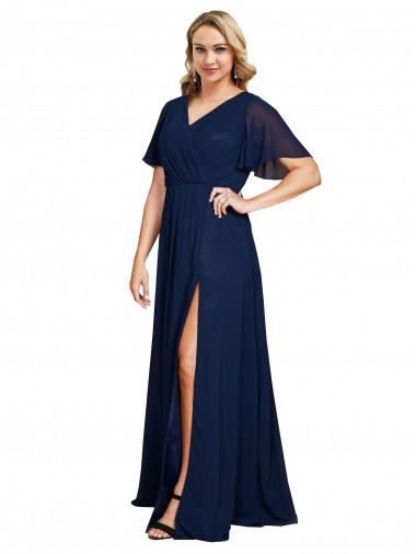 Chiffon V-Neck Short Sleeves Long Formal Bridesmaid Dress / Prom Dress with High Slit Brisbane