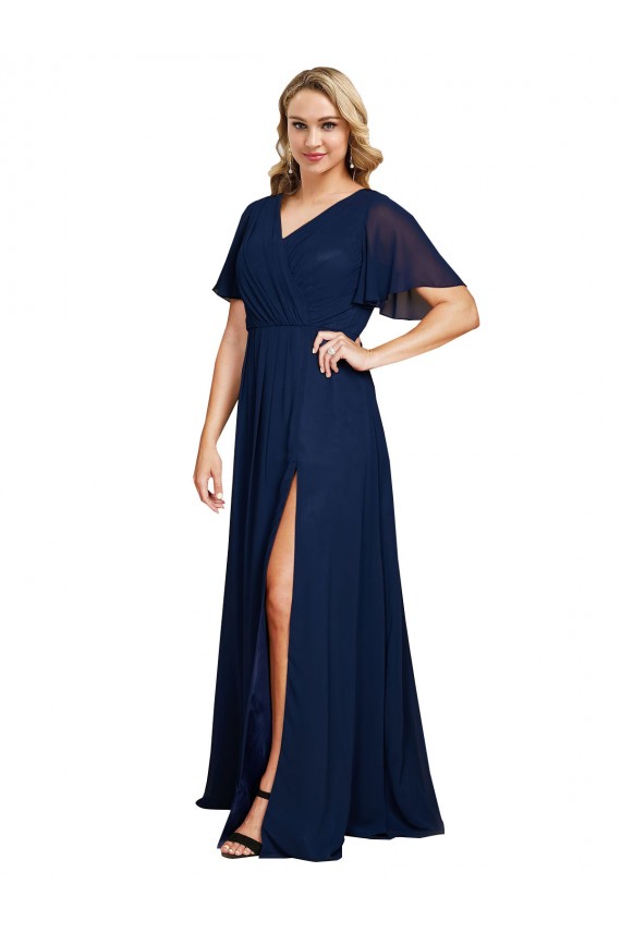 Chiffon V-Neck Short Sleeves Long Formal Bridesmaid Dress / Prom Dress with High Slit Brisbane