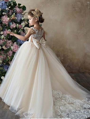 Champagne Ball Gown Sweetheart Chapel Train Sleeveless Flower Girl Dress Brisbane