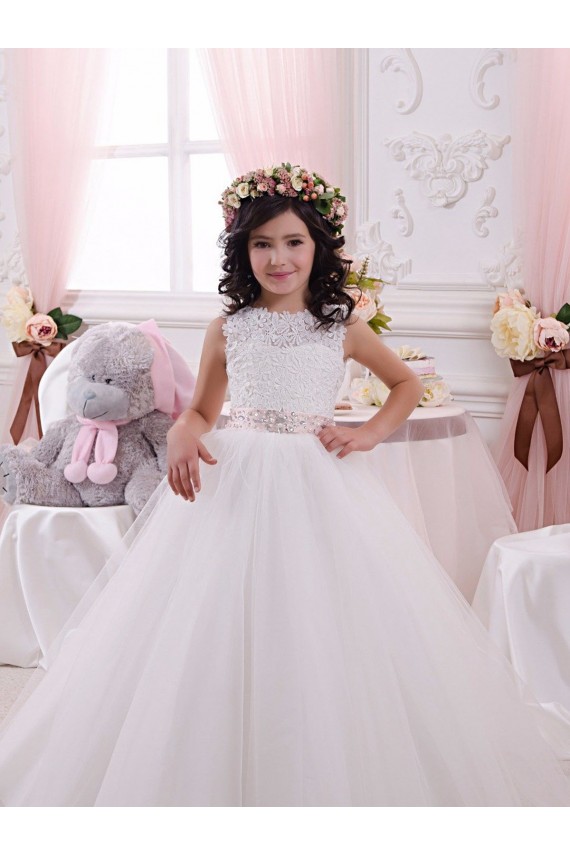 Ivory Ball Gown Bateau Chapel Train Sleeveless Flower Girl Dress Brisbane