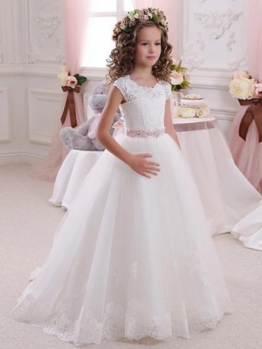 Ivory Ball Gown High Neck Floor Length Keyhole Back Flower Girl Dress Brisbane
