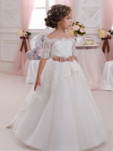 Ivory Ball Gown High Neck Floor Length Short Sleeve Flower Girl Dress Brisbane
