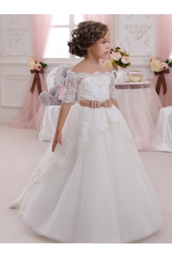 Ivory Ball Gown High Neck Floor Length Short Sleeve Flower Girl Dress Brisbane