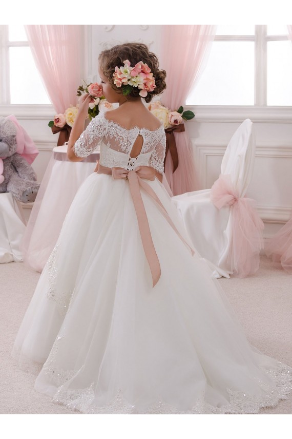 Ivory Ball Gown High Neck Floor Length Short Sleeve Flower Girl Dress Brisbane