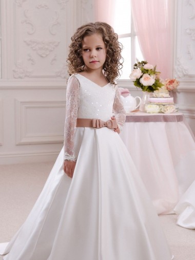 Ivory Ball Gown V-Neck Chapel Train Long Sleeve Flower Girl Dress Brisbane