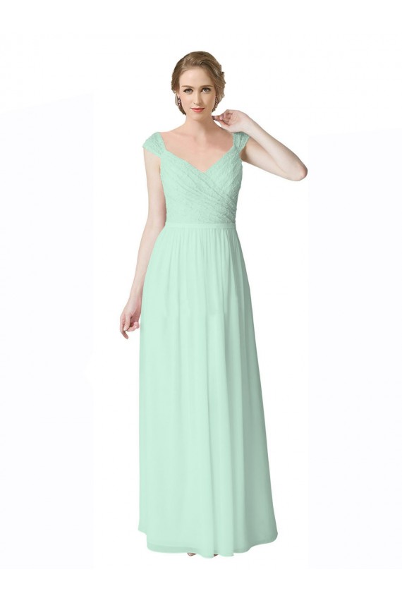 Long Chiffon Bridesmaid Dress with Corded Lace V-Neck Bodice Brisbane