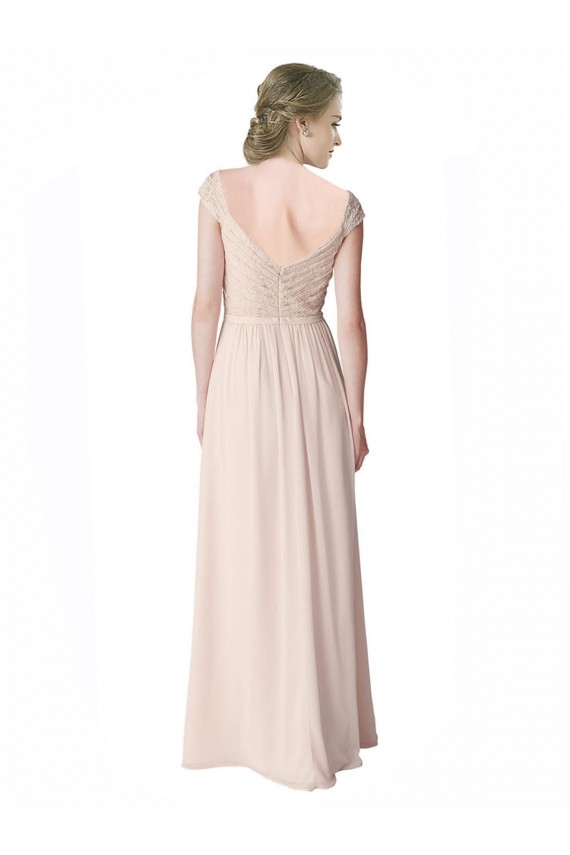 Long Chiffon Bridesmaid Dress with Corded Lace V-Neck Bodice Brisbane