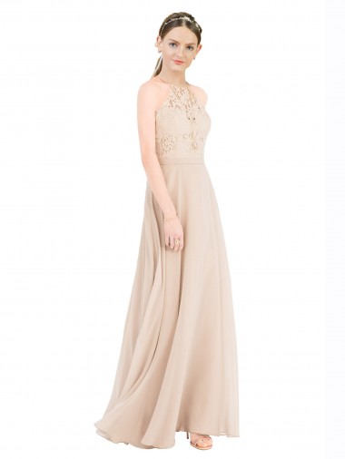 High Halter Neck Illusion Lace Bridesmaid Dress / Prom Dress with Chiffon Skirt and Keyhole Back Brisbane