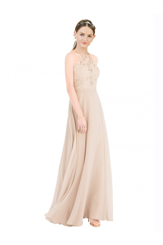 High Halter Neck Illusion Lace Bridesmaid Dress / Prom Dress with Chiffon Skirt and Keyhole Back Brisbane