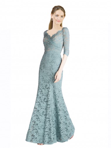 Half Sleeves Pleated Lace Bridesmaid Dress / Prom Dress with Wrap-Around Portrait Neckline Brisbane