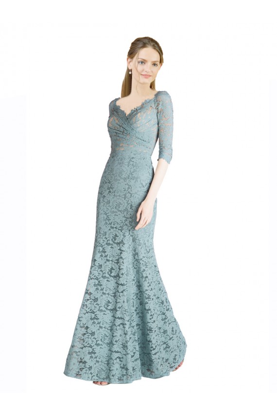 Half Sleeves Pleated Lace Bridesmaid Dress / Prom Dress with Wrap-Around Portrait Neckline Brisbane