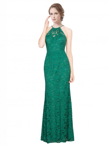 High Illusion Halter Neck Long Lace Bridesmaid Dress / Prom Dress Brisbane
