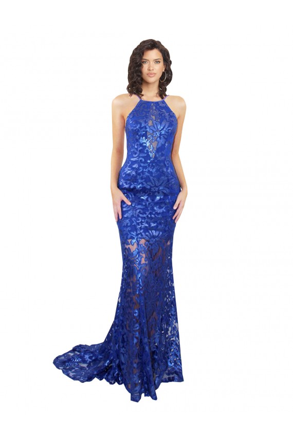 High Neck Long Open Back Lace Bridesmaid Dress / Prom Dress with Train Brisbane