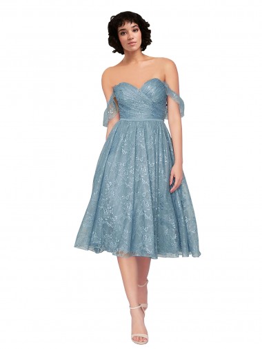 Off the Shoulder Sweetheart Chantilly Lace Midi Length Cocktail Bridesmaid Dress Brisbane