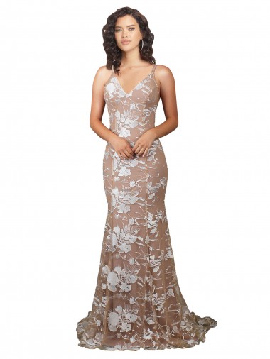 Fishtail Shaped V-Neck Embroidered Foral Lace Wedding Dress Brisbane