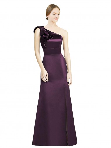 Full Length One Shoulder Satin Bridesmaid Dress with Bow Shoulder Detail Brisbane