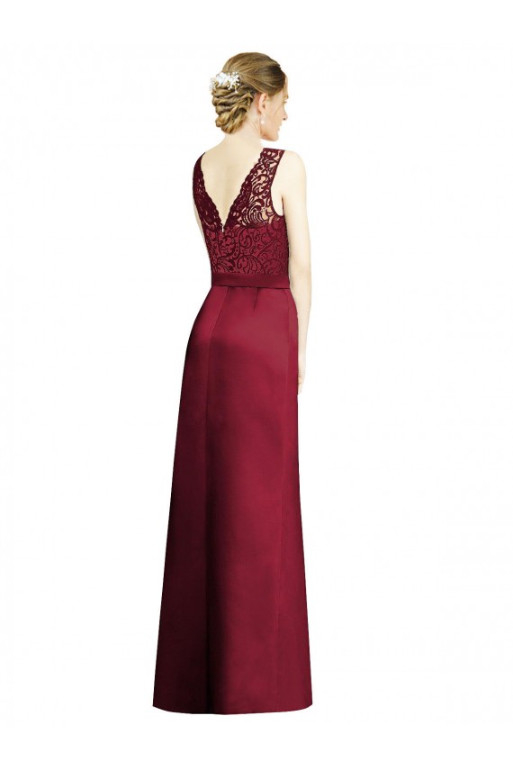 Full Length Sleeveless Satin Bridesmaid Dress with Lace Bodice Brisbane