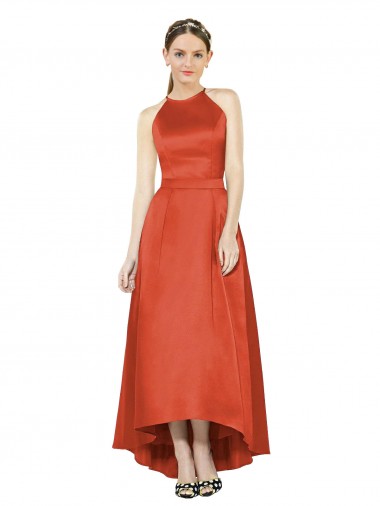 Full Length Halter Satin Bridesmaid Dress with Hi-Low Hem Detail Brisbane