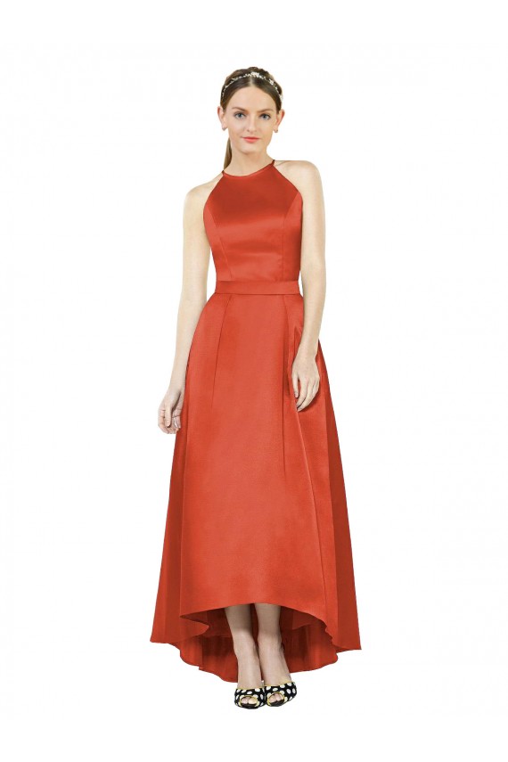 Full Length Halter Satin Bridesmaid Dress with Hi-Low Hem Detail Brisbane
